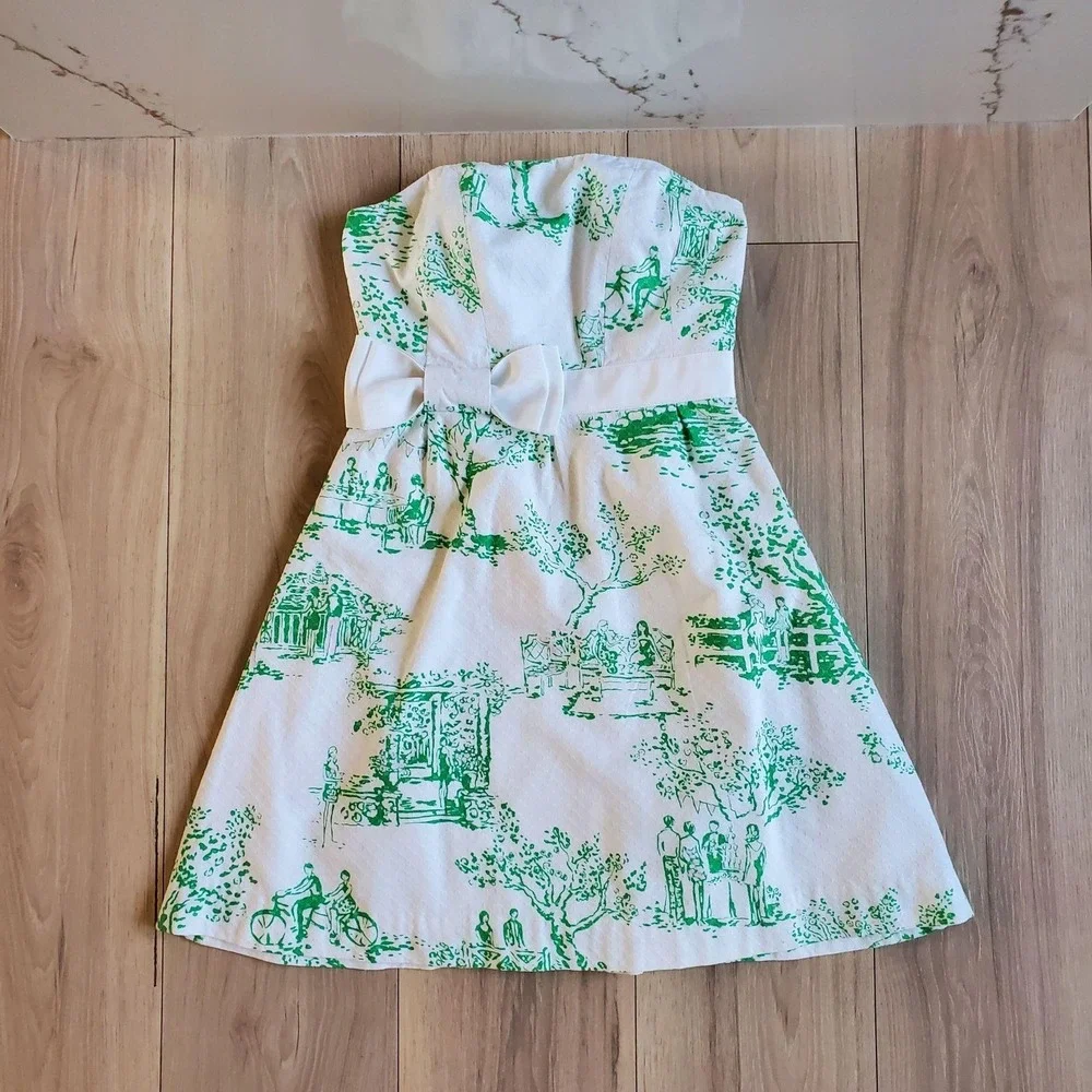 Lilly Pulitzer Dress Womens 0 White Green Strapless Bow Fit Flare Sundress Toile - Picture 1 of 6